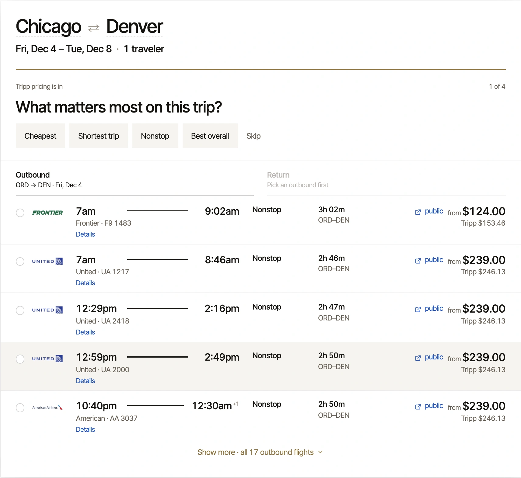 Tripp’s flight card: what matters most, then outbound flights with Tripp’s price and the public price