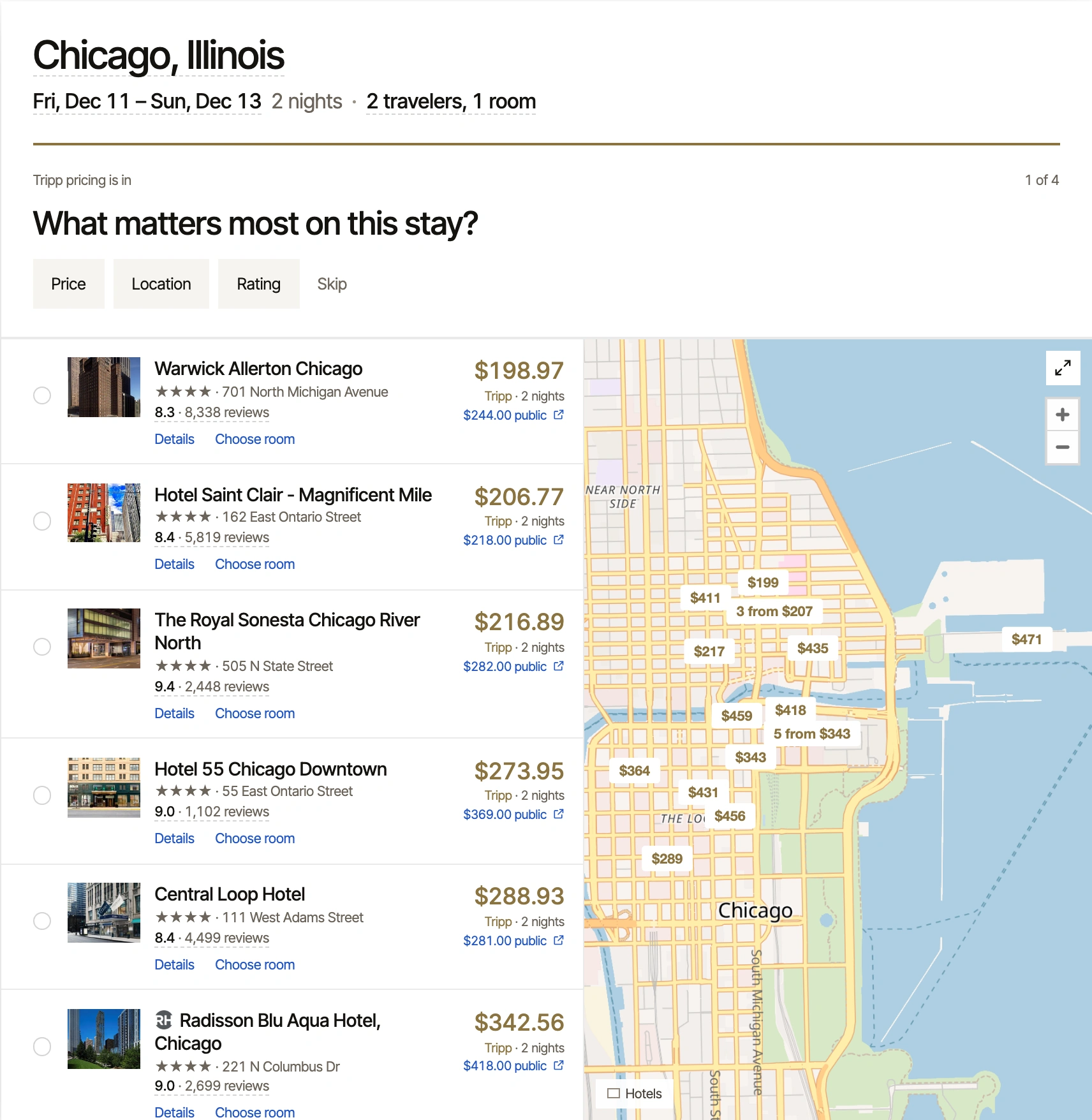 Tripp’s hotel card: stays priced for your nights beside a priced map