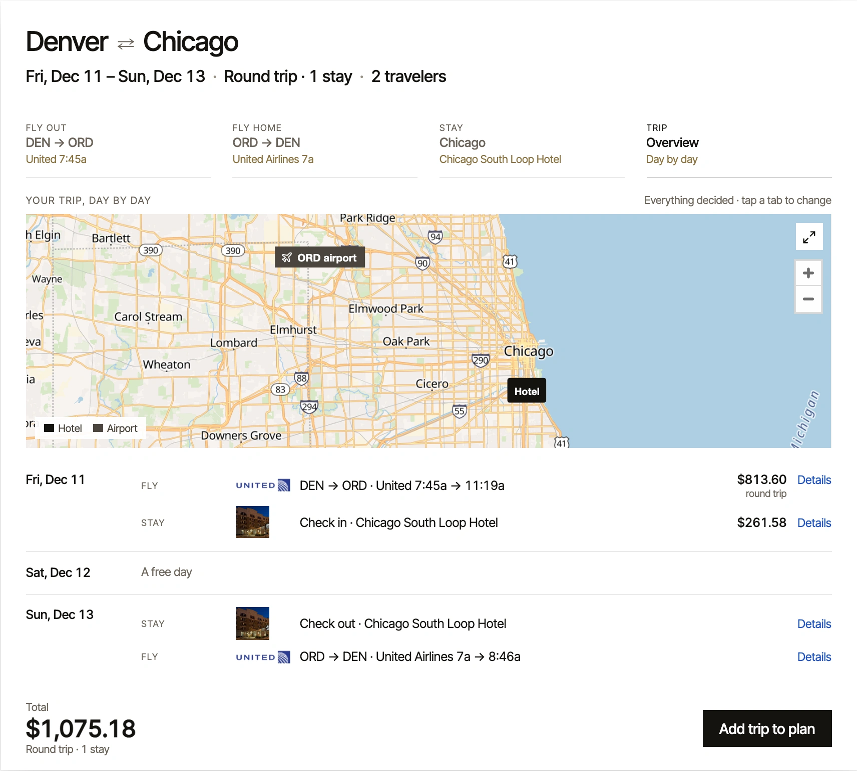 Tripp’s trip card: the whole trip day by day on a map with one total