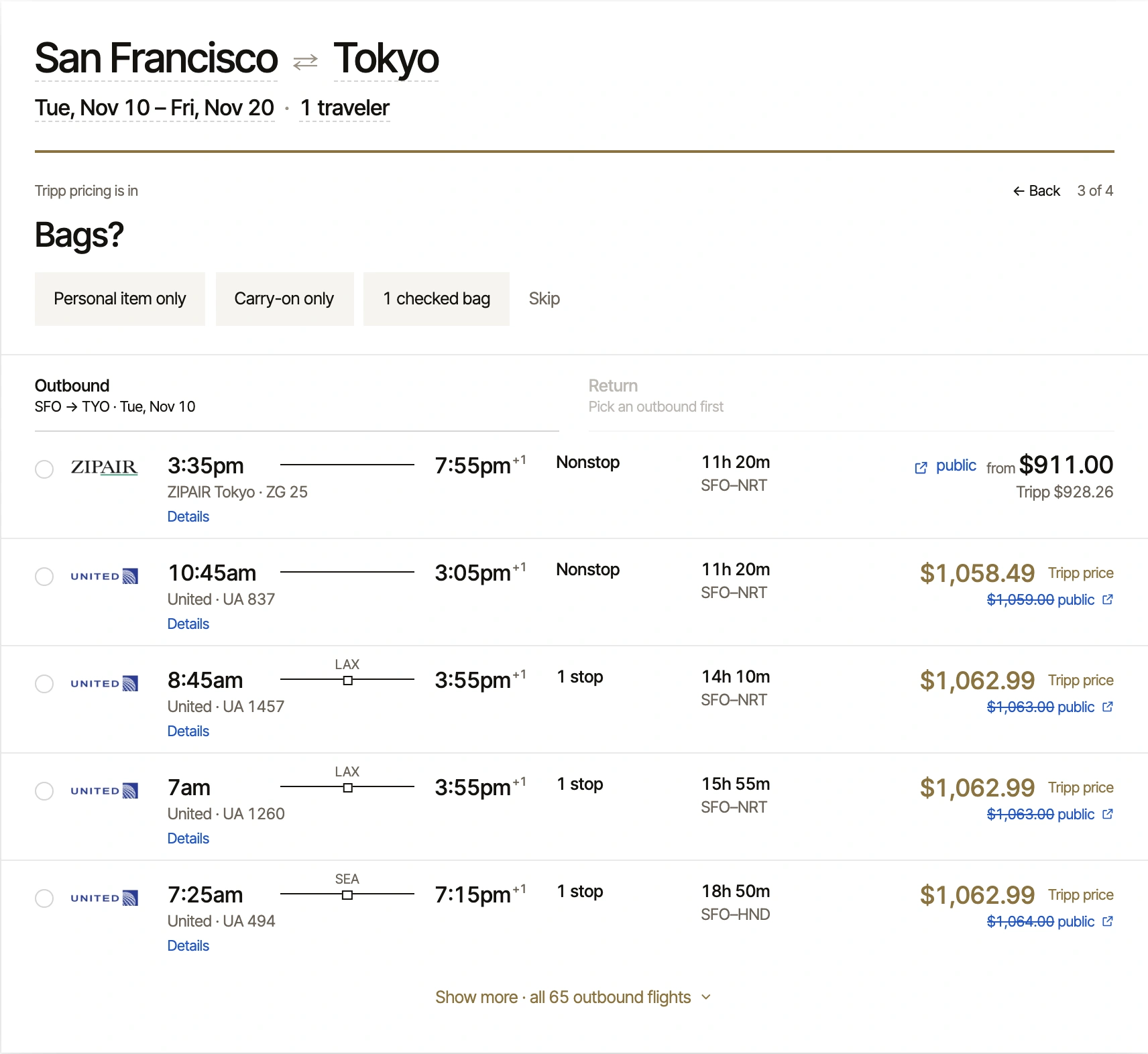 Tripp’s flight card asking about bags: personal item, carry-on or a checked bag