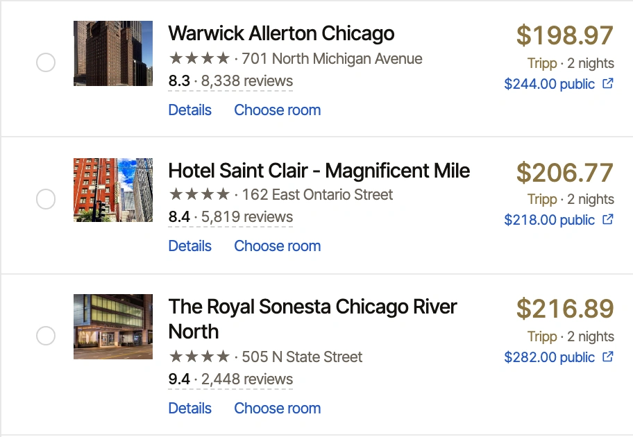 Hotel rows in Tripp, each with Tripp’s price and the public price for the same hotel