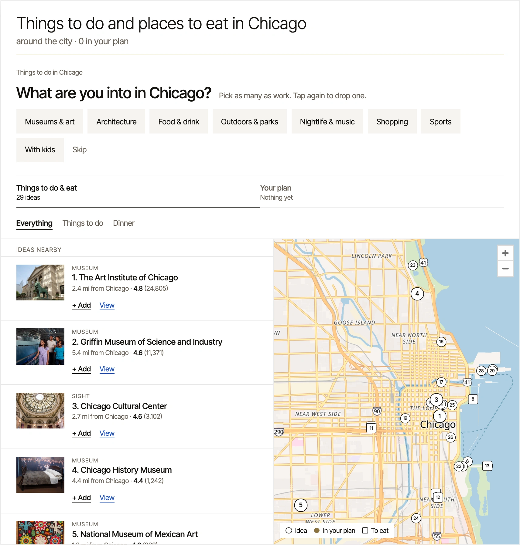 Tripp’s things-to-do card: interests, a ranked list and a map